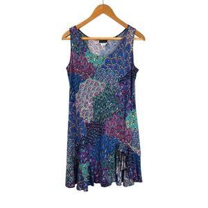 Dream Dance Womens Blue Purple Paisley Peacock Sequin Ruffle Shift Dress Medium